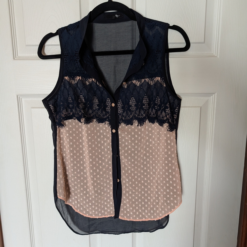 Ryu Navy Lace & Blush Dot Sleeveless Button-Front Blouse
